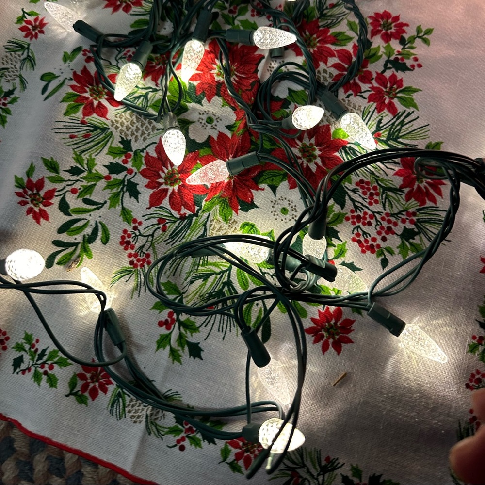 Christmas lights and a  tree top star light.